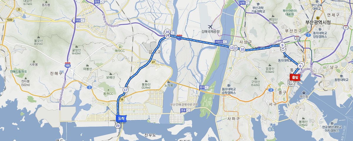 Busan Station→Yeongju Overbridge→Dongdae 4-way Intersection→Sasang-gu Office Intersect→Gamjeon IC→Dongseo Overpass→2nd Branch of Namhae Expressway→Garak IC Intersect→PNC